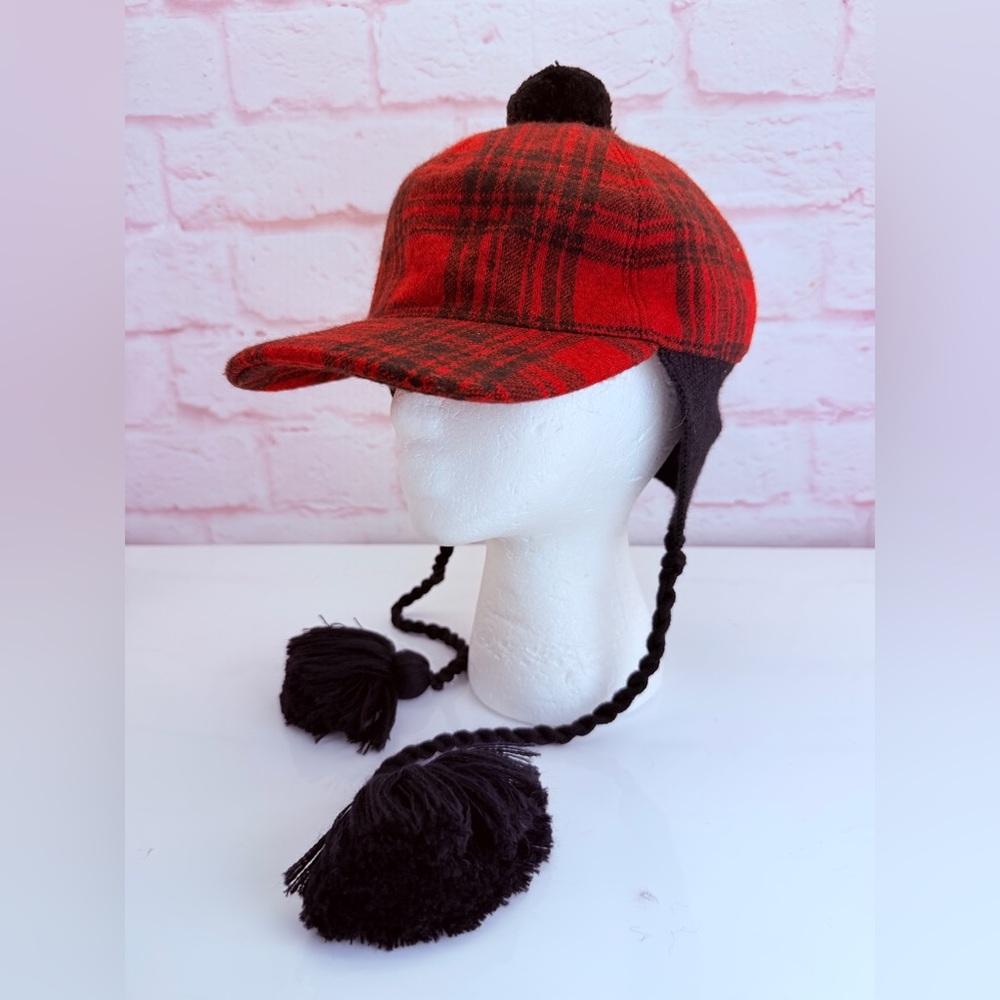 Gucci Red Tartan Plaid Pom-Pom Earflap Cap Baseball Hat - Picture 1 of 12
